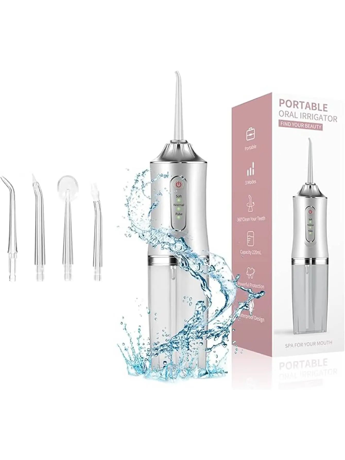 Fio Dental Elétrico Sem Fios com 3 Modos, IPX7 à Prova de Água, Recarregável, Design Portátil com 4 Bicos Substituíveis, Adequado para Aparelhos Dentários, Pontes e Cuidados Orais